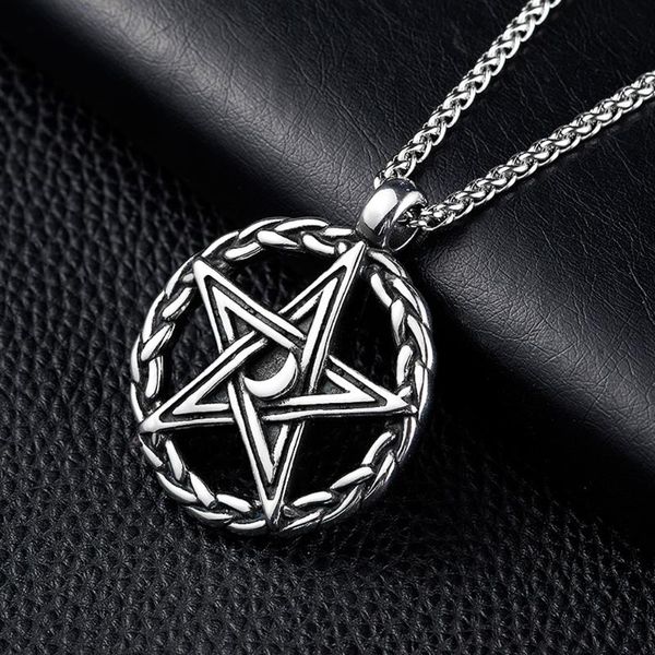 

pendant necklaces vintage pentagram necklace stainless steel men punk hip hop nightclub round hollow crescent jewelry, Silver