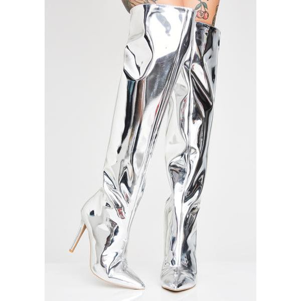 

boots olomm woman on her knee shiny stiletto boots pointed finger of black-red foot silver women's party shoes size 4-10.5 jumc