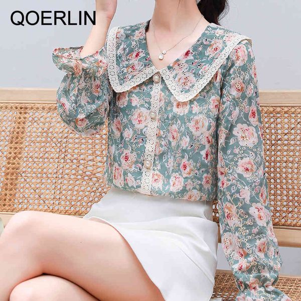 

knits heavy industry embroidered lace blouse women autumn new doll collar floral retro sleeve shirt plus size, White