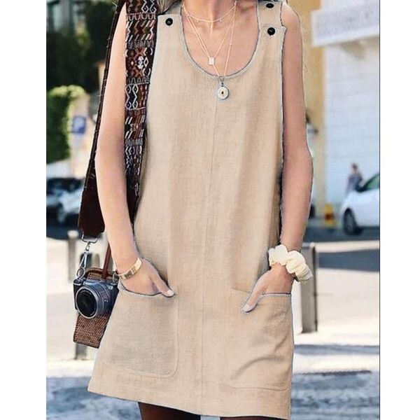 

casual dresses women's pocket button strap dress short sleeveless home plus size solid color loose o-neck summer, Black;gray