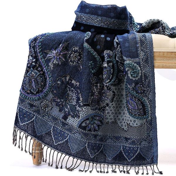 

scarves dark blue thin shawls women pashmina wool blend scarf handmade embroidery beads shawl mujer bufanda echarpes, Blue;gray
