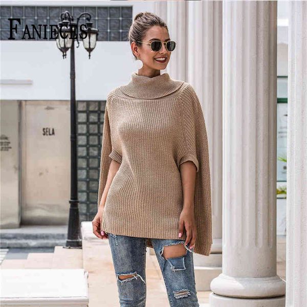 Frauen Herbst Winter Mode Casual Stricken Rollkragen Lose Pullover Pullover Schal Jacke Fledermausärmel Tops 210520