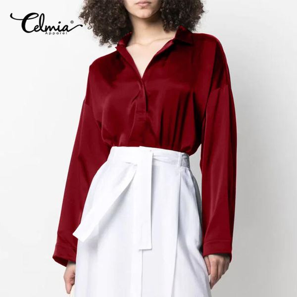 

women's blouses & shirts celmia fashion satin 2021 autumn lapel long sleeve smock elegant casual solid color workplace basic, White