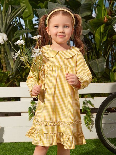 

toddler girls gingham print peter-pan collar flounce sleeve smock dress she, Red;yellow