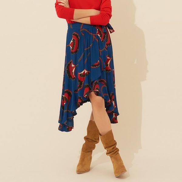 

skirts autumn and winter floral print crepe mid-length lace-up skirt, Black