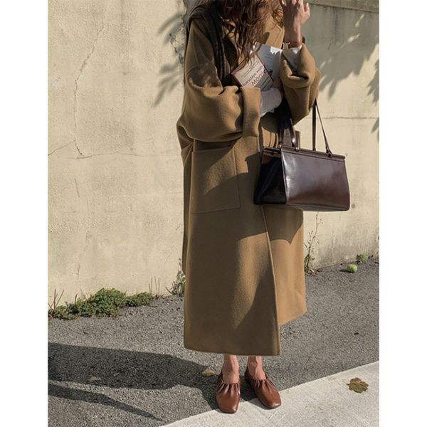 

2021 korea autumn and winter jacket new woolen overcoat women x-long loose lacing belt black gray double sided 100% wool coat jacket, Black;brown