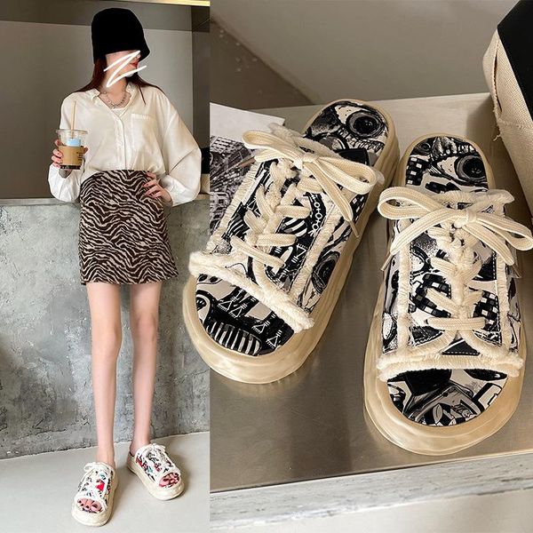 

sandals thick-soled women's shoes 2021 printed beach casual tide, Black