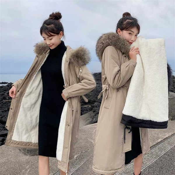 

winter down jacket female han edition long over-the-knee loose show thin waist parker fur coat 211018, Black