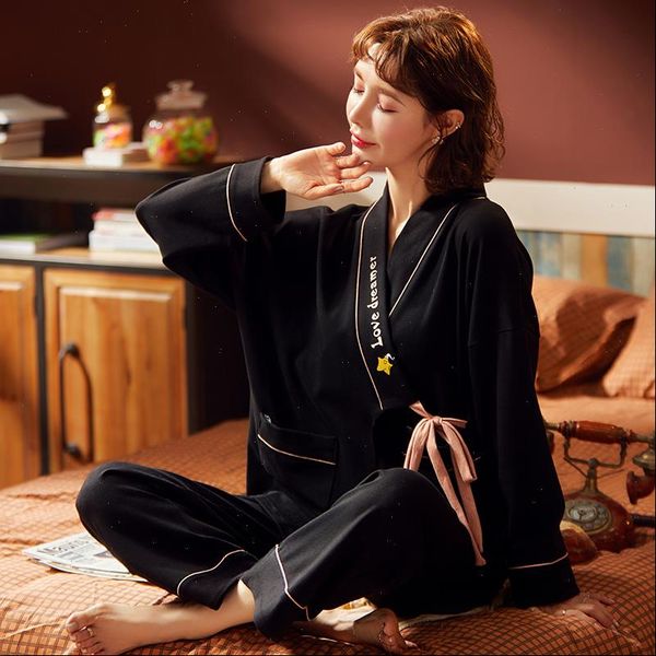 

traditional japanese pajamas set cotton womens sleepwears robe pants kimono yukata nightgown japan style soft gown sleepwear obi outfits, Black;red