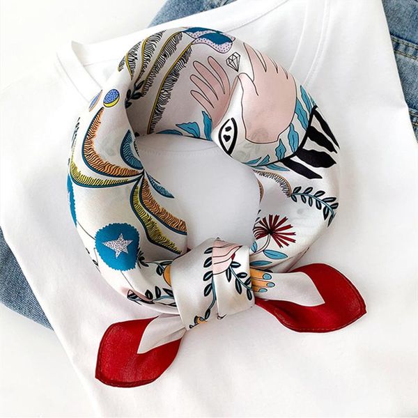 

square silk scarf mysterious plant printed women neck scarfs lady hair band foulard handkerchief female girl bandana shawl 2021 scarves, Blue;gray