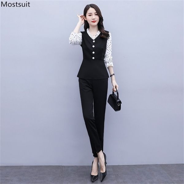 

autumn elegant 2 piece set women korean plus size long sleeve tunic polka dot and elastic split pants suit outfits 210513, White
