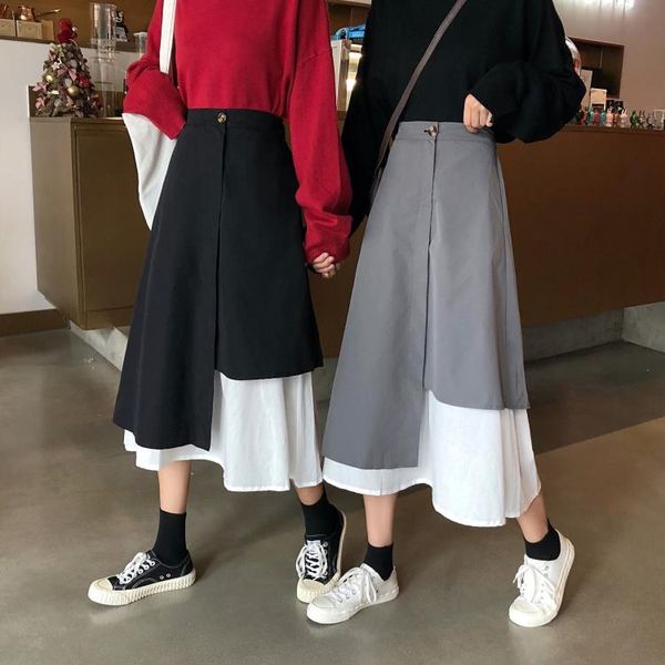 

skirts vintage autumn winter women irregular pleated skirt long elastic waist boho beige maxi faldas saia, Black