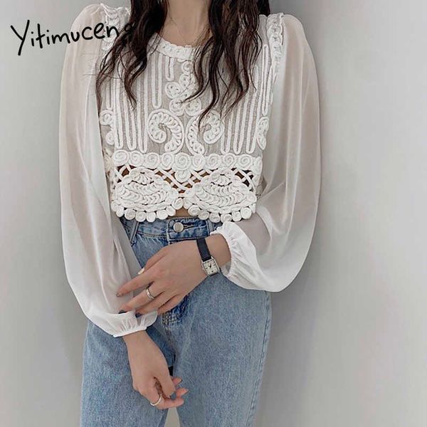 

yitimuceng blouse women hook flower hollow shirts long sleeve white apricot clothes summer korean fashion chiffon 210601