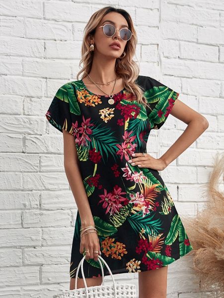 

tropical print dress 29h4#, Black;gray