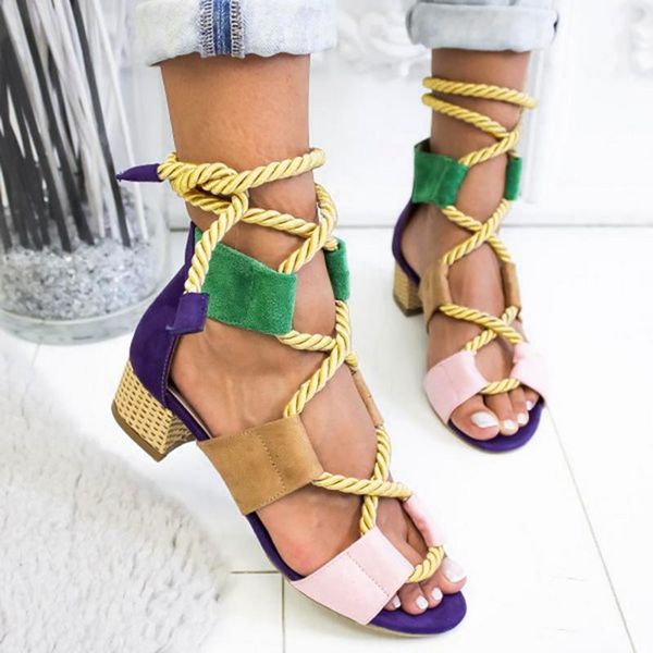 

sandalias mujer strap peep toe chunky heel sandals slip on fashion rope lace-up ankle high shoes 2021, Black