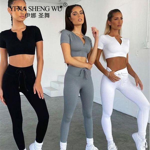 

yoga outfit solid color zip ribbed fitness set women gym clothes short sleeve zipper crop high waist pencil pants workout tracksuit
