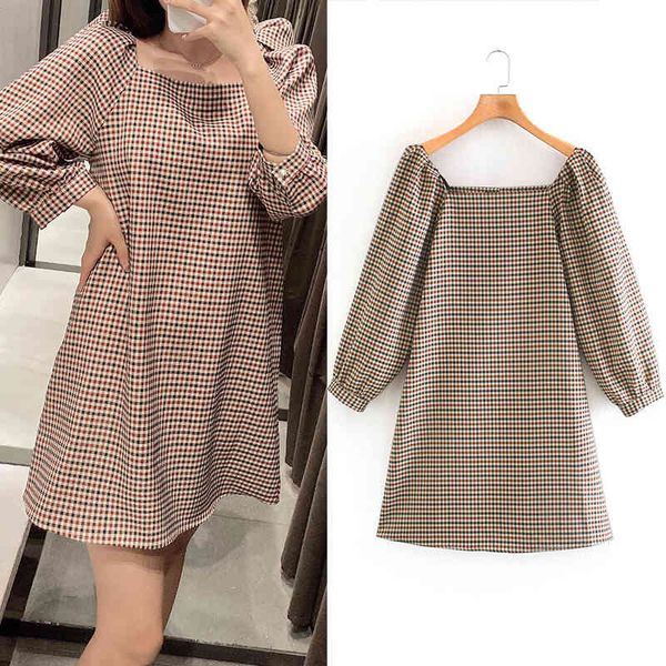 

casual dresses fashion plaid print mini dress square collar long sleeve lace up women slim waist chic party es s40h, Black;gray