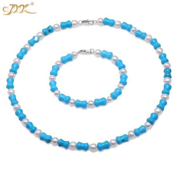

bracelet, earrings & necklace jyx beautiful 8*13mm blue bone-shape turquoise with white round freshwater pearl bracelet jewelry gemstone set, Black
