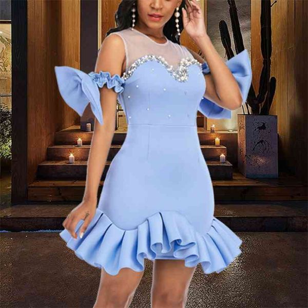 

women party dress ruffles mesh patchwork bead with bowtie lovely christmas event elastic bodycon backless celebrate vestido 210329, Black;gray