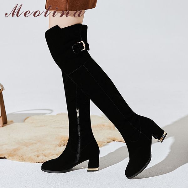 

meotina autumn thigh high boots women buckle thick high heel over the knee boots zipper round toe shoes female winter size 33-43 210520, Black