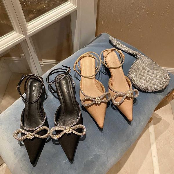 

sandals 2021 satin thin heeled bow and diamond in autumn, Black