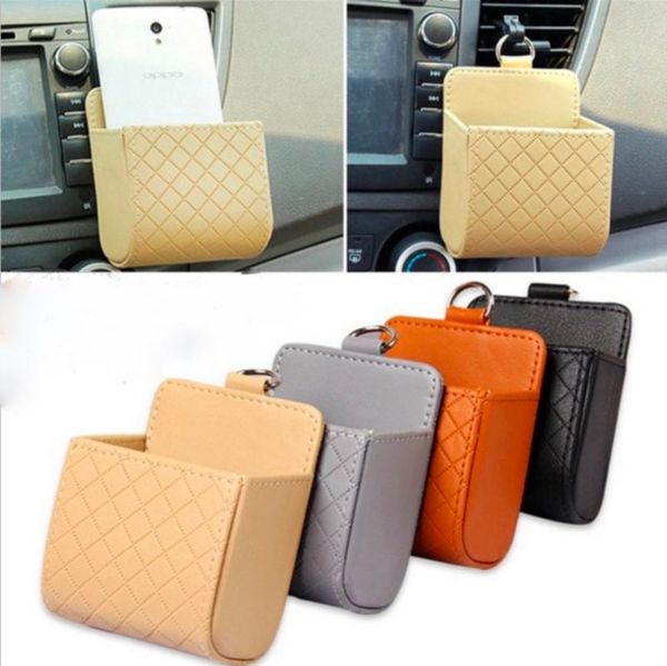 

car organizer 4 color auto vent outlet trash box pu leather mobile phone holder storage bag automobile hanging styling