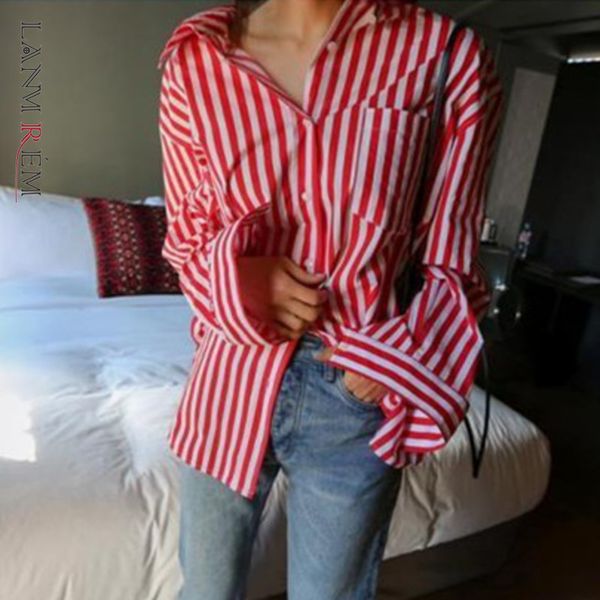

koraen oversize shirt famale summer long sleeve loose red white stripes sunscreen temperament blouse women yj213 210507