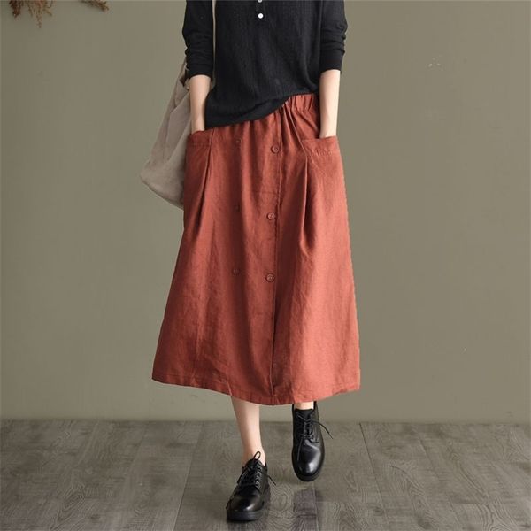 

spring autumn arts style women elastic waist loose a-line long skirt double-breasted cotton linen casual skirts m505 210512, Black