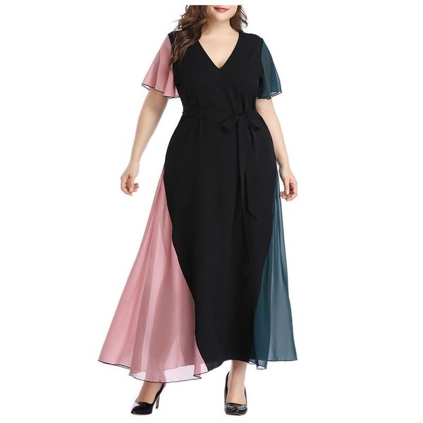 

casual dresses stitching plus size for women party women's fashion v-neck collision color lacing large dress, Black;gray