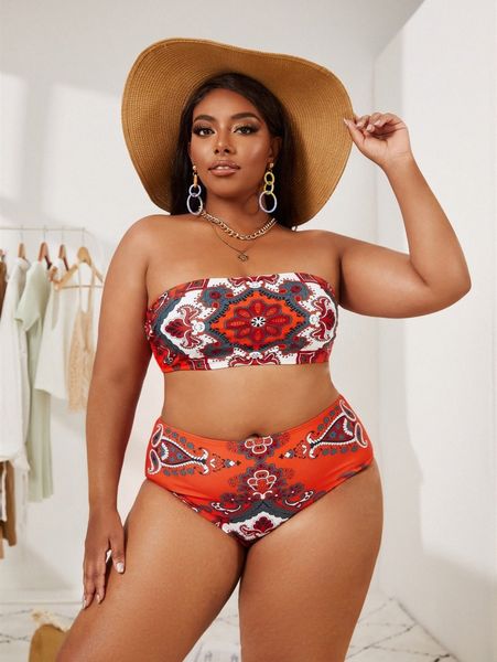 

plus allover print bandeau bikini swimsuit 55eg#, Black
