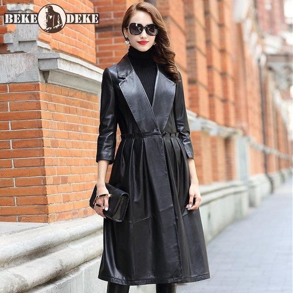 

women's leather & faux designer women long trench coat fashion ruffles 100% real jacket office ladies overcoat natural sheepskin, Black