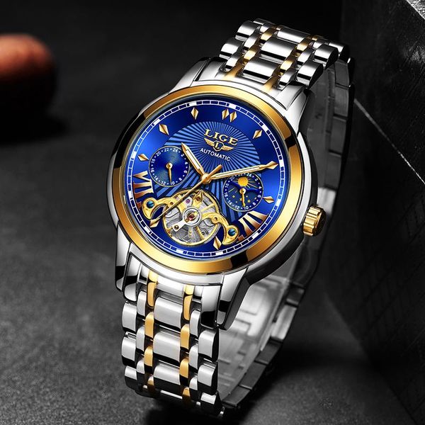 

wristwatches lige business watch men automatic mechanical tourbillon luxury fashion stainless steel sport watches relogio masculino, Slivery;brown