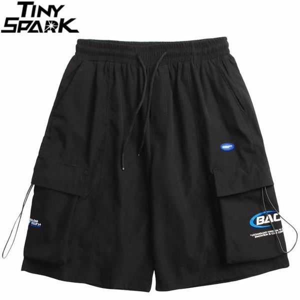 

hip men cargo shorts hop streetwear pockets letter print harajuku jogger summer track short japan style black men's, White;black