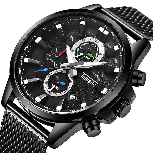 

wristwatches temeite fashion luxury black quartz watch luminous waterproof stainless steel mesh band men watches chronograph sport date cloc, Slivery;brown