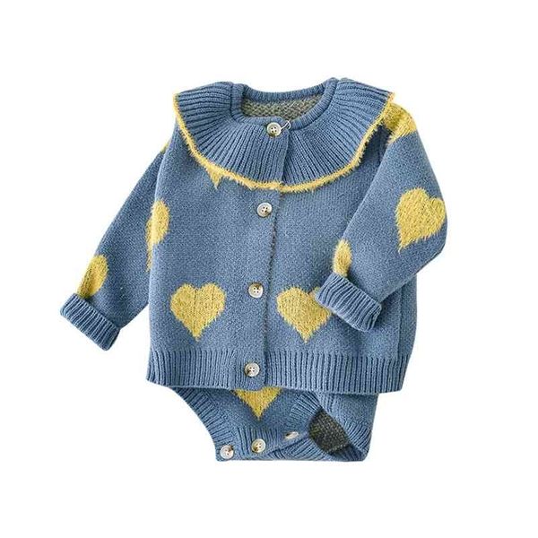 Ребёнок прекрасный жаккардовый большой отворот пальто ремешок треугольник свитер свитер набор из двух частей набор девочка одежда 210515