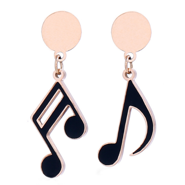 

stud 316l stainless steel black enamel asymmetric note temperament titanium earrings women orecchini neri eleganti, Golden;silver