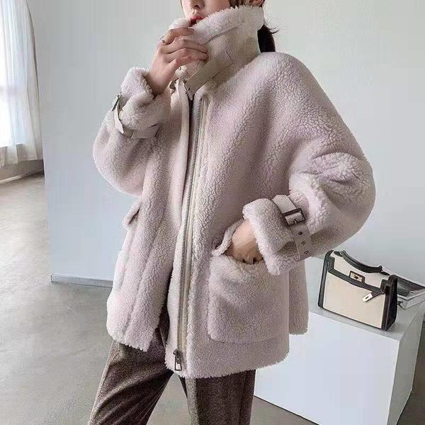 

women's fur & faux 2021 autumn winter women solid lamb coat lady granular sheep shearing jacket female casual warm outerwear, Black