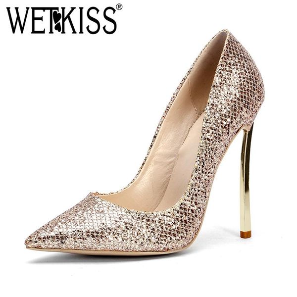 

dress shoes wetkiss thin high heels women shinning pumps pointed toe shallow slip on footwear autumn fashion wedding female, Black