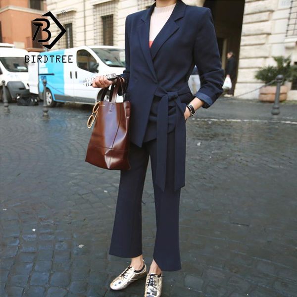 

arrival women notched long sleeve blazer with belt wide leg pants thick 2 piece set female navy casual suit s9831 women's two, White