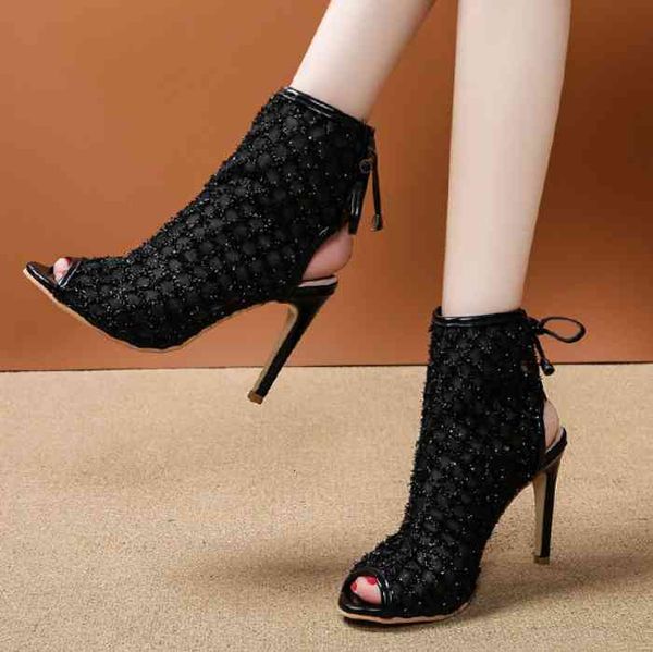

sandals fashion black summer lace up cross-tied peep toe high heel ankle strap net surface hollow out w0il
