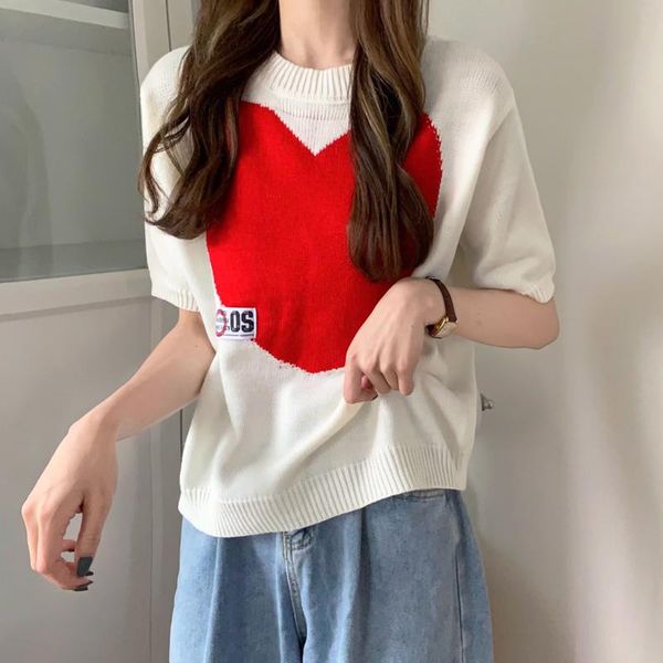 

women's t-shirt dayifun red love heart knitted shirt women casual short sleeve tshirts vintage tee comfortable female, White