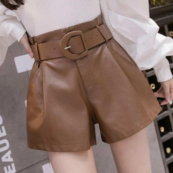 

women's shorts fashion khaki leather women black wide leg high waist autumn winter work office faux ladies feminino c7855, White;black