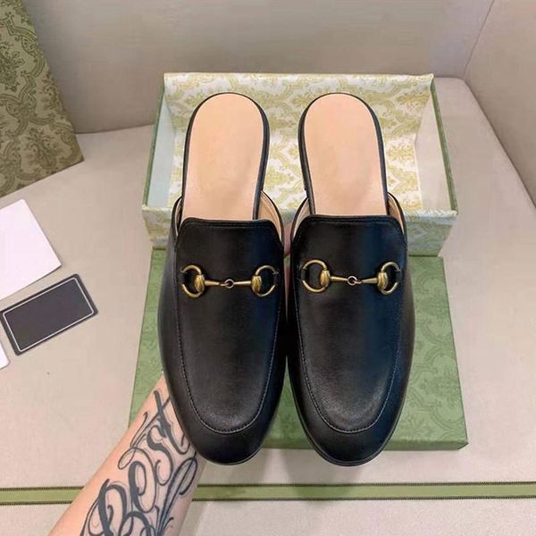 

slippers women's lazy designer leather casual ladies low-heel shoes fashion round toe metal chain decoration flats mules loafers, Black