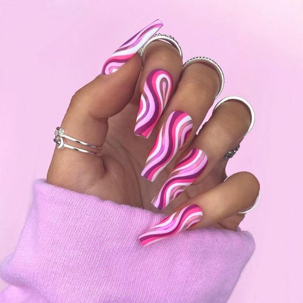 

false nails 24pcs/box long coffin with colorful wave designs wearable fake nail full cover tips press on manicure tool, Red;gold