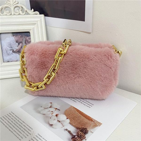 

evening bags baguette bag fashion thick chain shoulder for women faux fur handbags cute plush tote female shopper purse bolsa feminina