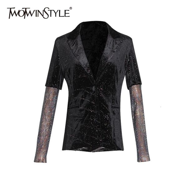 

black streetwear blazer for women notched long sleeve patchwork diamond casual blazers female fashion clothes 210524, White;black