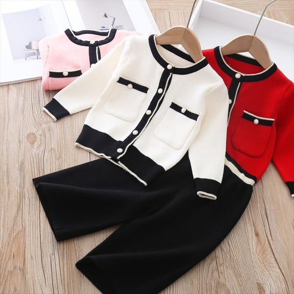 

children clothing set 2 pcs girls suit long sleeve spring autumn cotton knitting coat pants 1 6y kids clothes, White