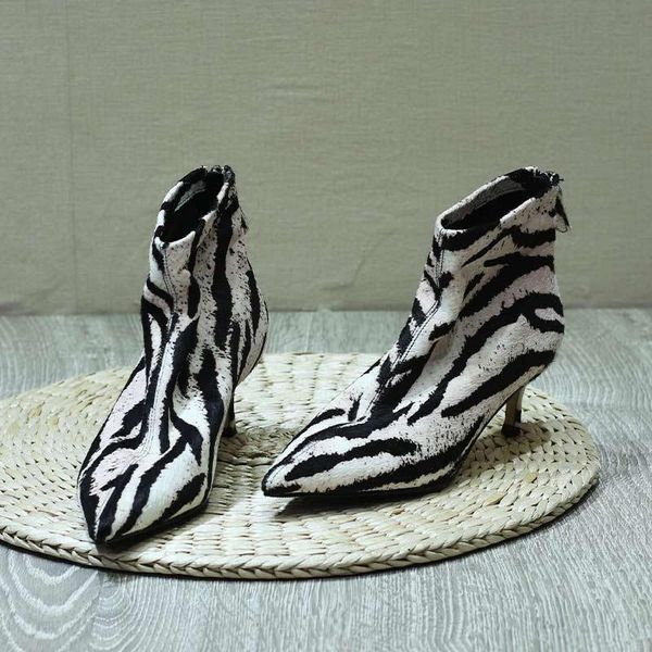 

boots fashion women's ankle horse hair pointed toe slim heels leopard black white pattern shoes c5