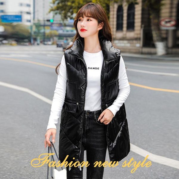 

women's vests 2021 autumn winter women long waistcoat fashion bright sleeveless hooded warm down jacket vest female cotton padded coat, Black;white