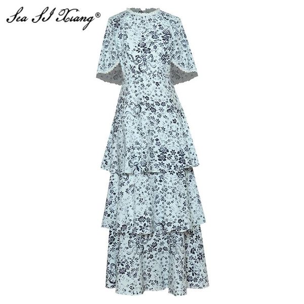 

casual dresses seasixiang fashion designer spring dress women's o-neck cloak sleeves floral print elegant cascading ruffle party maxi, Black;gray